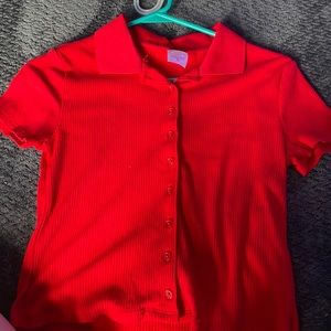 button down, semi cropped red collared shirt, size medium